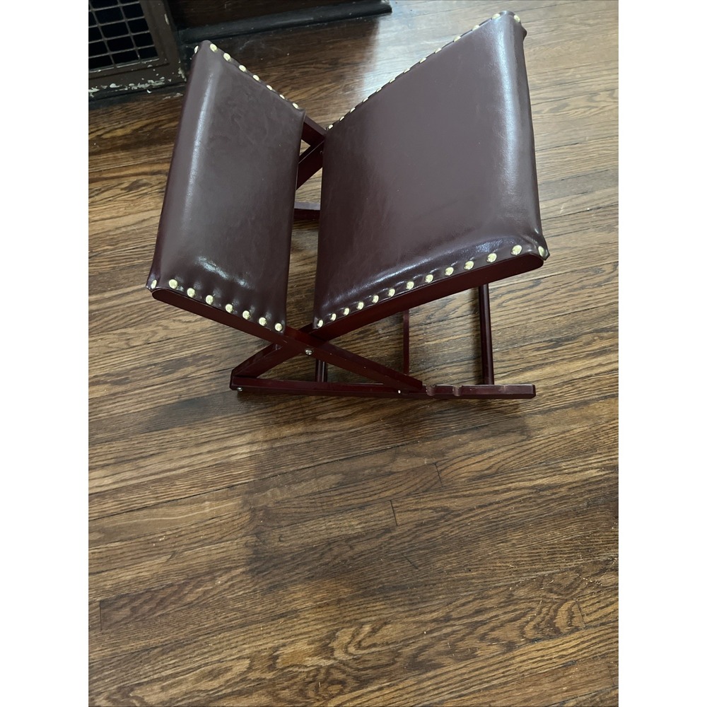 Antique Folding Gout Stool With Red Leather Adjustable Heights